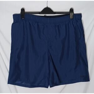 Nike Men's L Swim Trunks Shorts Blue Black Mesh Lined Swoosh Logo Spellout